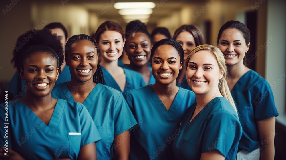 A group of nursing students training at a college and their medical colleagues smile for the camera. - obrazy, fototapety, plakaty 