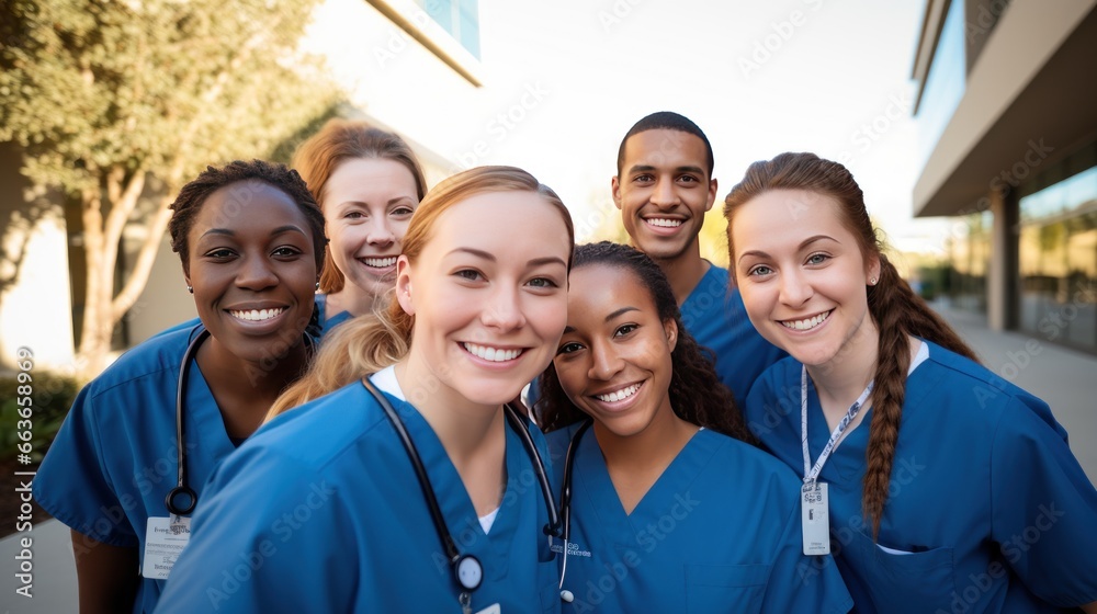 A group of nursing students training at a college and their medical colleagues smile for the camera. A group of nursing students training at a college and their medical colleagues smile for the camera.