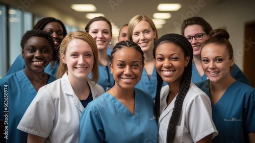 A group of nursing students training at a college and their medical colleagues smile for the camera.