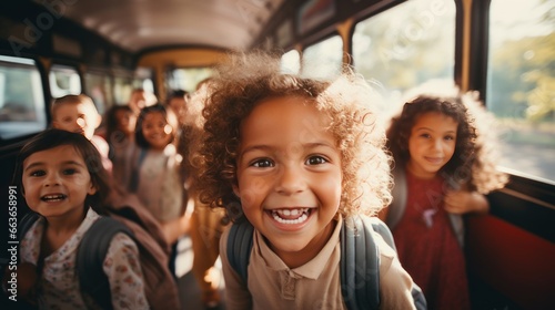 A group of smiling kindergarten students look at the camera preparing to go on a field trip with a bus in the background.