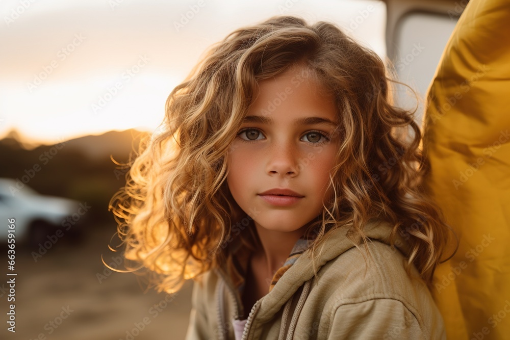 Portrait of cute little girl at camera while standing near camping tent at sunset