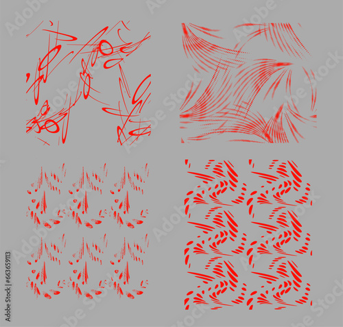 Seamless patterns (set) in scarlet round design with dots and curves on a smoky background. Varying brightness depending on shape. Vector.