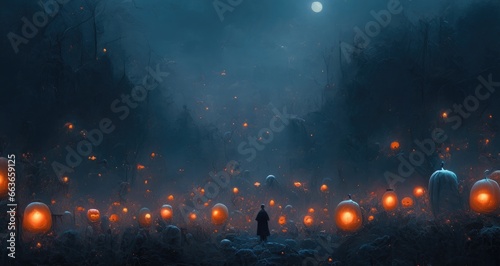 Halloween background with pumpkins, Illustration Spooky scary dark Night forest.
