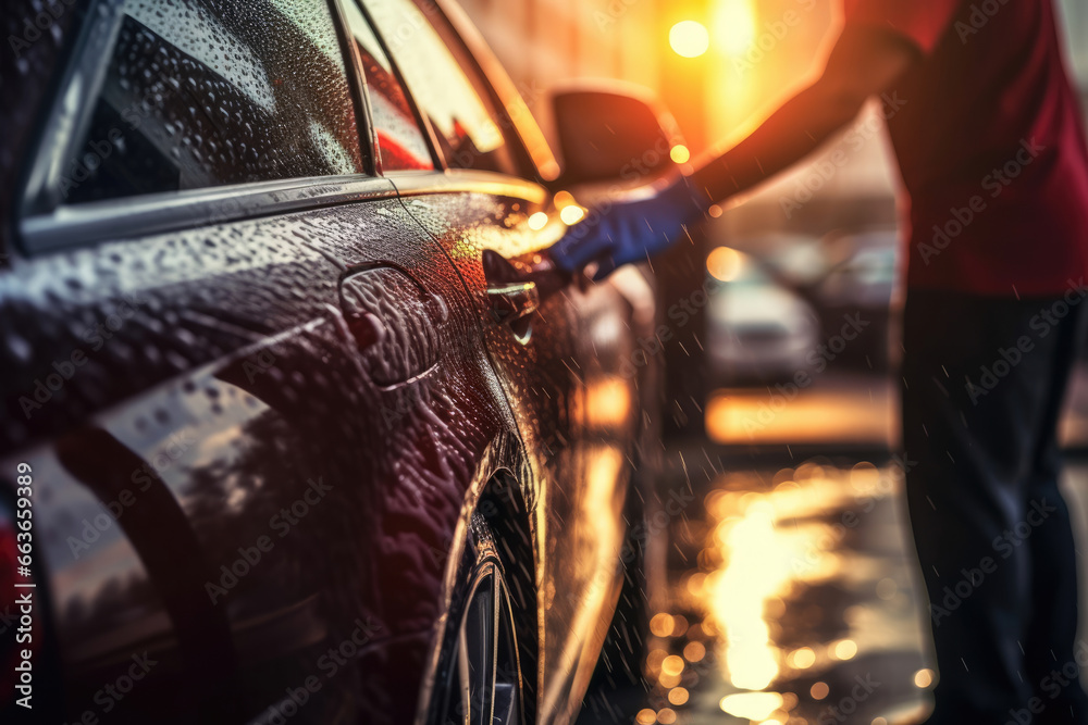 car wash specialist washes foam from a car using a high pressure washer