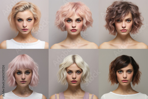 Collage with photos of young woman with different hair colors and hairstyles