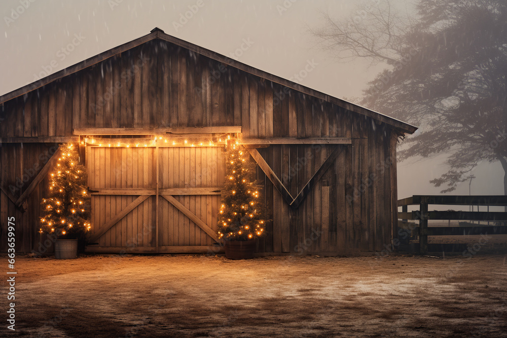 Stylish rustic cozy farmhouse against a forest night landscape, decorated with Christmas lights. Merry Christmas. Happy holidays Stylish rustic cozy farmhouse against a forest night landscape, decorated with Christmas lights. Merry Christmas. Happy holidays