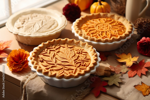 Homemade autumn pies. Pumpkin and apple cakes. Autumn vibe
