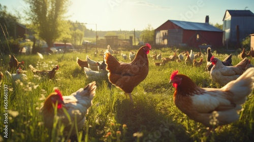 An organic farm with free-range chickens in a rural village