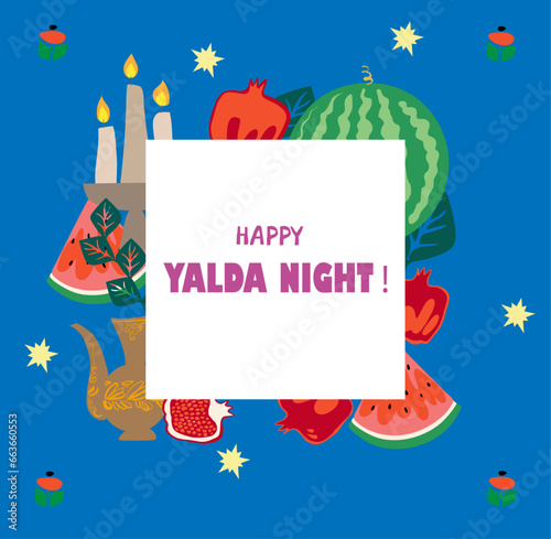 Happy Yalda night banner template with symbols of the holiday - watermelon, pomegranate, nuts, candles. Iranian night of forty festival of winter solstice celebration.