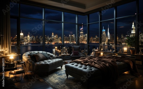 penthouse bedroom at night, dark and gloomy, A room with a view of the city of lighting, focus from balcony from the bed AI Generative