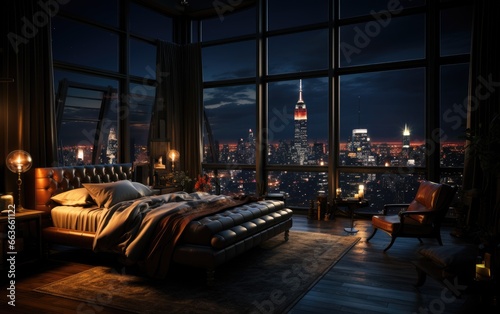 penthouse bedroom at night, dark and gloomy, A room with a view of the city  of lighting, focus from balcony from the bed AI Generative photo
