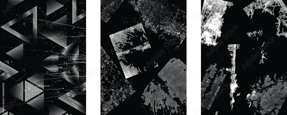 Naklejka premium Glitch distorted grungy isolated layers . Design element for brochure, social media, posters, flyers. Overlay texture.Textured banner with Distress effect .Vector halftone dots . Screen print texture