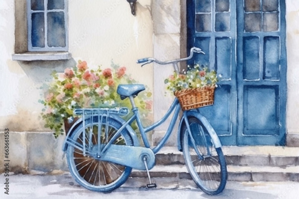 Blue bicycle with wicker basket painted in watercolor. Generative AI