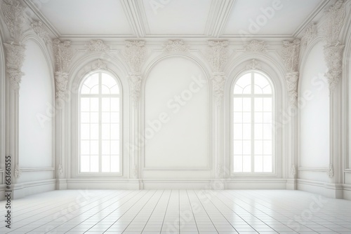 Background of a room with white walls and a spacious backdrop. Generative AI