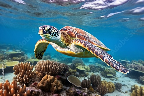Hawksbill turtle floating in Maldives' Indian Ocean coral reef. Generative AI
