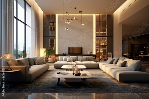 Luxurious apartment living room render. Generative AI