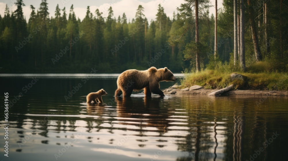 Bear and cub walking beside a green forest lake in Finland Bear and cub walking beside a green forest lake in Finland