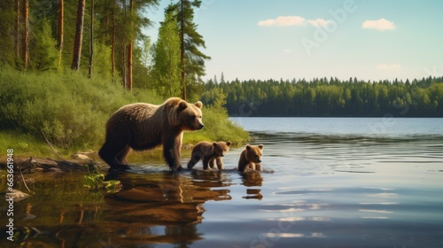 Bear and cub walking beside a green forest lake in Finland