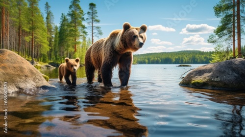 Bear and cub walking beside a green forest lake in Finland © somchai20162516