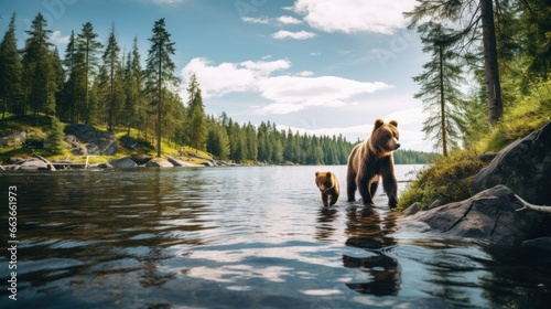 Bear and cub walking beside a green forest lake in Finland