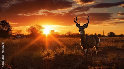 Silhouette of white tailed deer of Texas farm, sunset, natural light photo