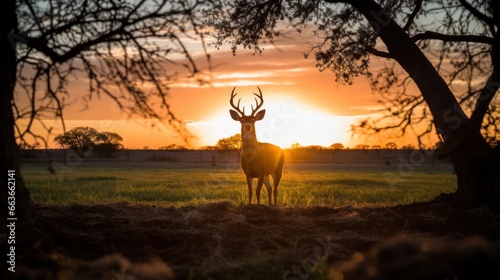 Silhouette of white tailed deer of Texas farm, sunset, natural light