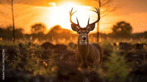 Silhouette of white tailed deer of Texas farm  sunset  natural light