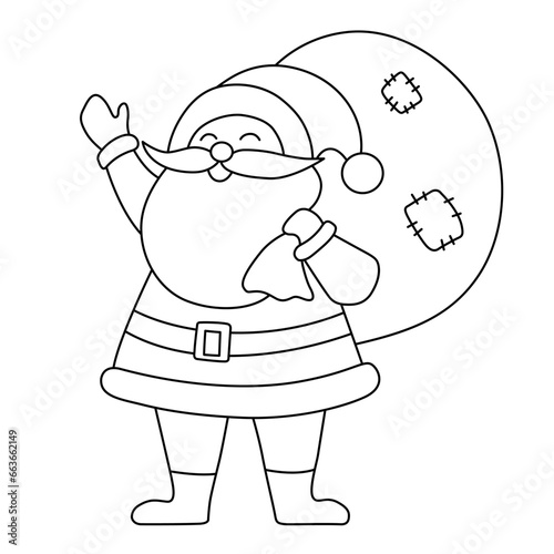 Vector black and white kawaii Santa Claus with sack.. Cute Father Frost illustration isolated on white.