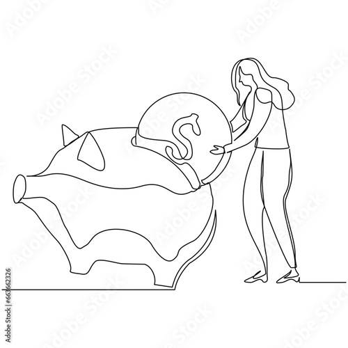 Continuous single line sketch drawing of business woman save coin in piggy bank. Vector illustration of one line money investment financial economy