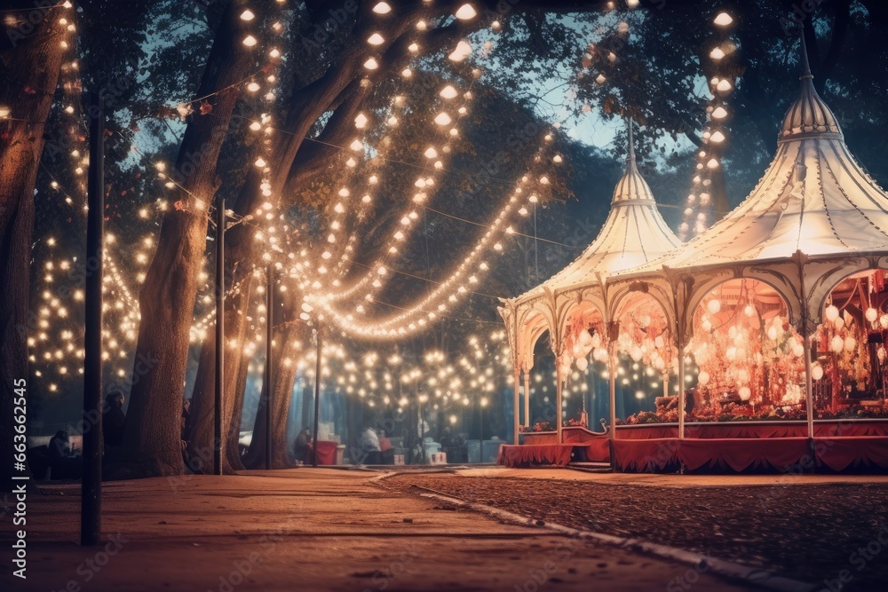 Carousel illuminated with fairy lights in evening park. Amusement and night entertainment.