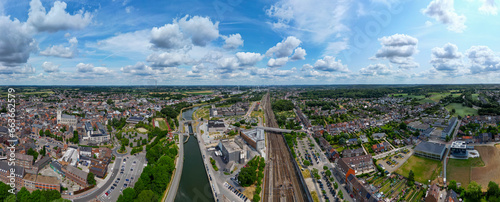 Halle, Flemish Brabant Region, Belgium, 01 05 2023, aerial panorama view of the railway station and the sea canal in the city of Halle on a sunny spring day. High quality photo. High quality photo © Bjorn B