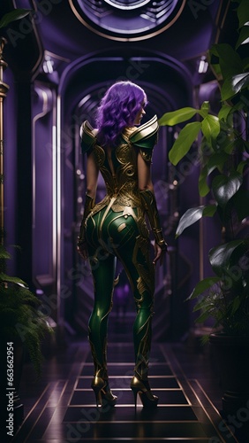 fantasy woman in a purple suit with golden decorations  inside a building full of plants  generative ai illustration