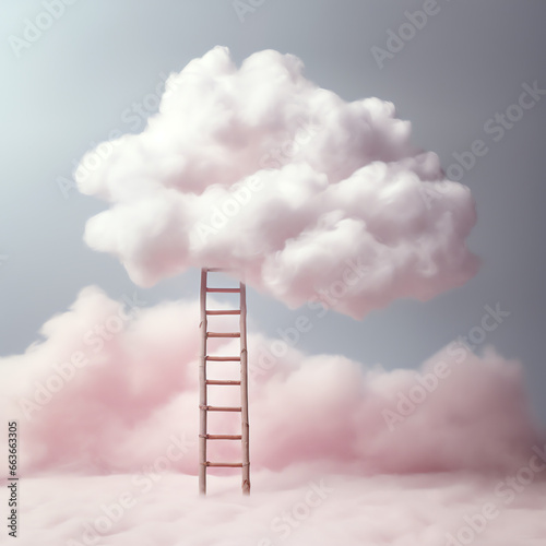 ladder between a white cloud and pink sky in dream world, in the style of conceptual sculpture