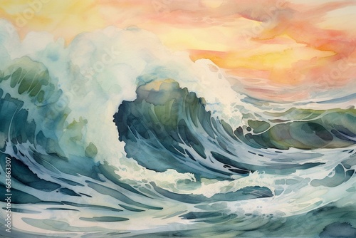 Abstract watercolor coastal landscape with waves and surf. Generative AI