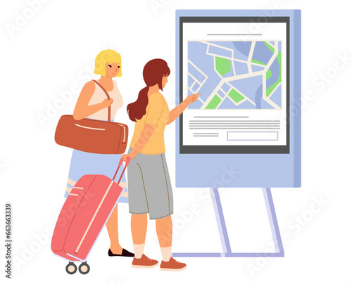 Young woman traveler using self-service navigation kiosk