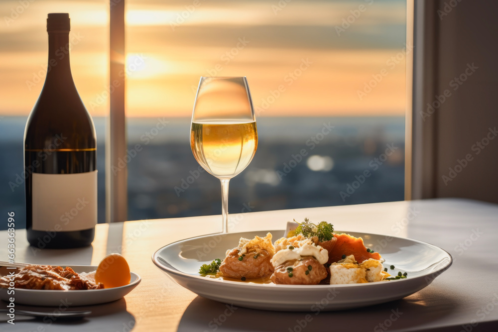 luxurious food dishes and wine on the table in background of modern hotel room. Travel concept of vacation and holiday.