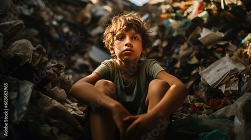 Poor child sitting in a pile of garbage Municipal garbage collector