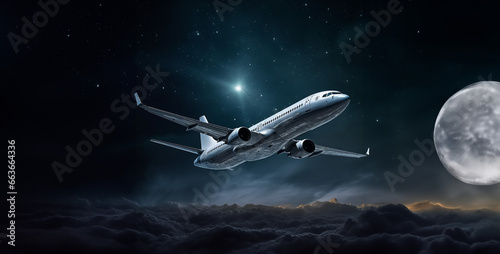 airplane in space, side view of large unbranded plane flying through from sky