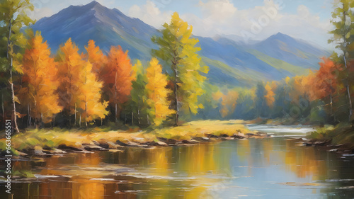 Colorful autumn landscape with mountain river and forest. Digital painting.