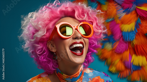 April Fools' Day, Young positive woman bright makeup pink hair sunglasses, pink wig, glamor stylish glasses color background unaltered, smiling and laughing, copy space