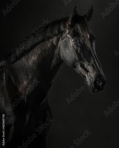 Elegant horse portrait on black backround. horse head isolated on black. Portrait of stunning beautiful horse isolated on dark background.  horse portrait close up on black background. Studio shot .