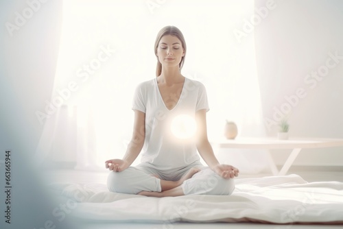 Free Download Pretty western woman relaxes practicing yoga, meditates in the lotus position dressed in white. - GFXLoad