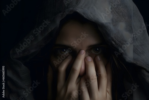 Portrait of a weeping woman. She covered her face with her hands.