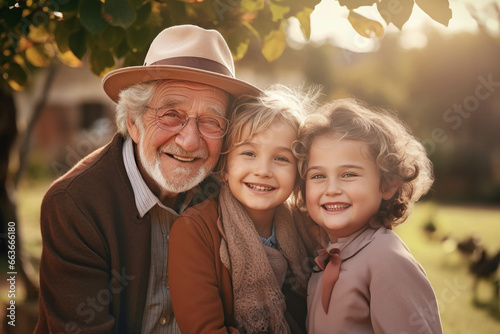 Meeting of grandfather and grandchildren. An elderly man and his grandchildren are happy together. They hug and rejoice at meeting each other. Caring for the elderly. Children visit old people. © Anoo