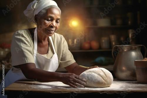 An elderly dark-skinned woman prepares bread dough in the kitchen. Grandmother kneads dough for baking. Homemade bread production. Fresh bakery.