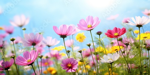 Pink cosmos flowers blooming cosmos flower field, beautiful bright summer garden garden outdoor picture. © candra