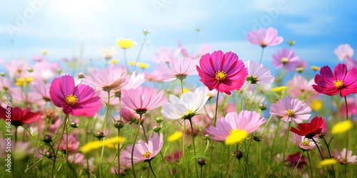 Pink cosmos flowers blooming cosmos flower field, beautiful bright summer garden garden outdoor picture. © candra