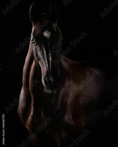 Elegant horse portrait on black backround. horse head isolated on black. Portrait of stunning beautiful horse isolated on dark background.  horse portrait close up on black background. Studio shot .