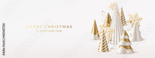 Christmas and New Year greeting card with christmas trees, balls and snowflakes.