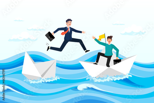 Brave businessman risk their life to help his partner from sinking boat in the ocean, trusted business partner to help and support in economic crisis or team and partnership to offer solution (Vector)
